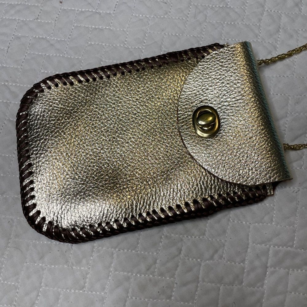 Handmade Custom Gold & Brown Leather Wrap Small Satchel w/ Gold Toned String - Picture 3 of 9